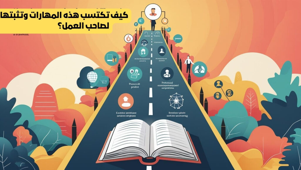 رسم بياني يوضح رحلة اكتساب المهارات المهنية، يظهر مسارًا متدرجًا من التعليم والخبرة إلى بناء العلامة التجارية والحصول على الوظيفة.
