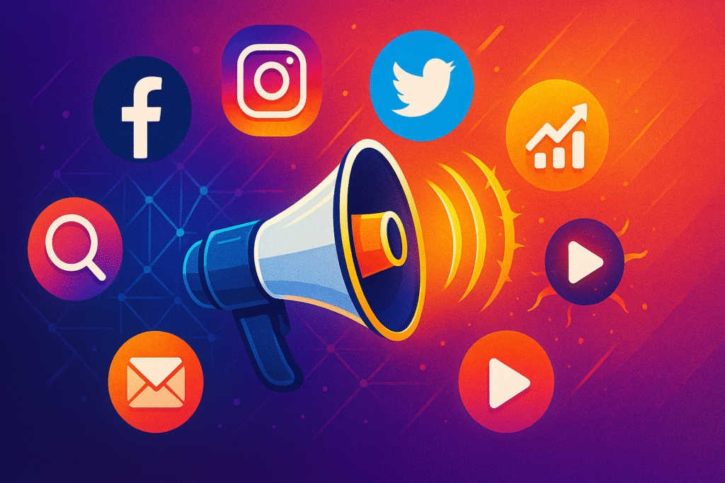 كولاج ديناميكي لأيقونات التسويق الرقمي، يشمل أيقونات وسائل التواصل الاجتماعي، مكبر صوت، ومخطط بياني متصاعد، على خلفية ملونة.